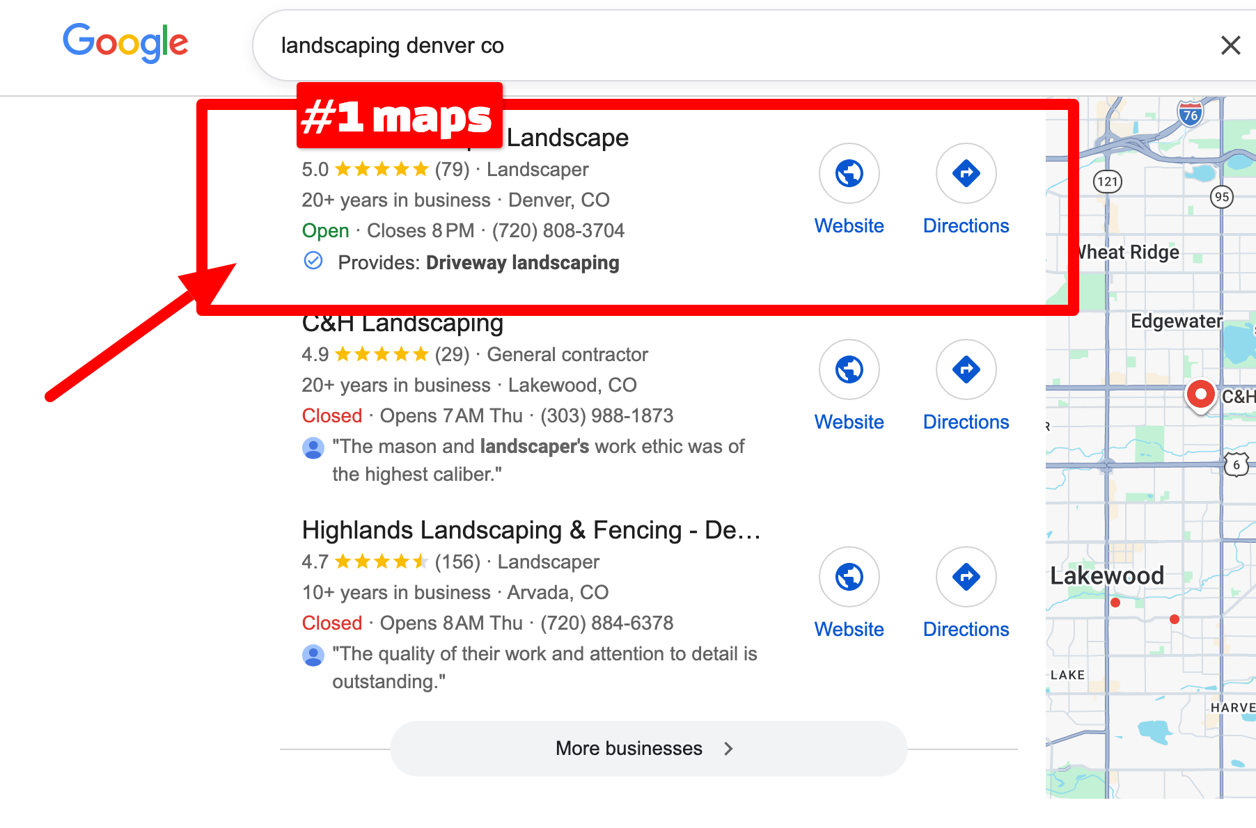 Google Maps #1 ranking, landscaping Denver CO