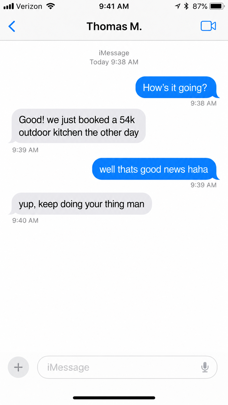 Text message: booked a 54k outdoor kitchen