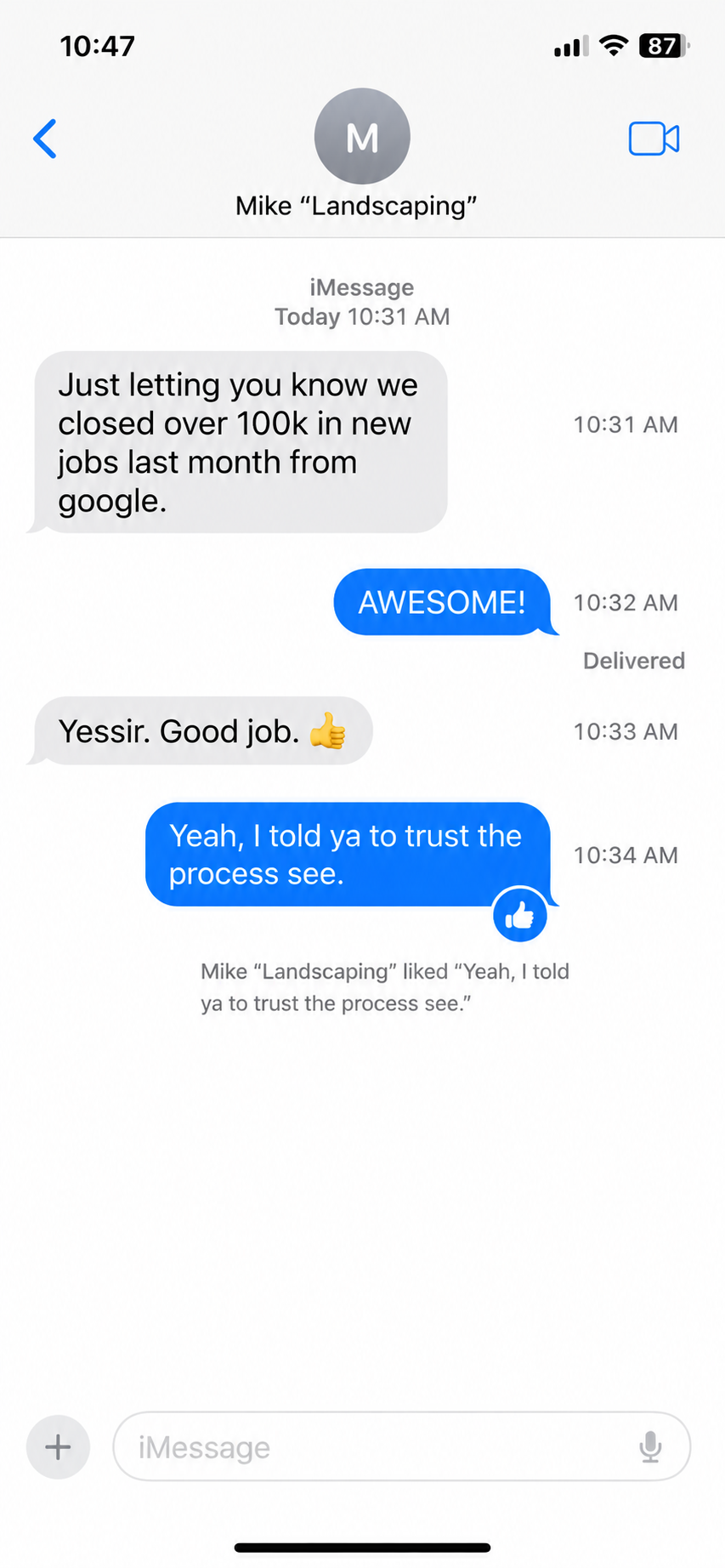 Text message: closed over 100k in new jobs from Google